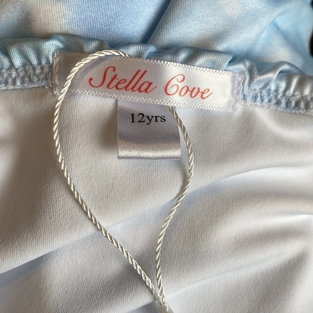 Stella Cove blue draped tie dye ruffle shoulder swimsuit NWOT